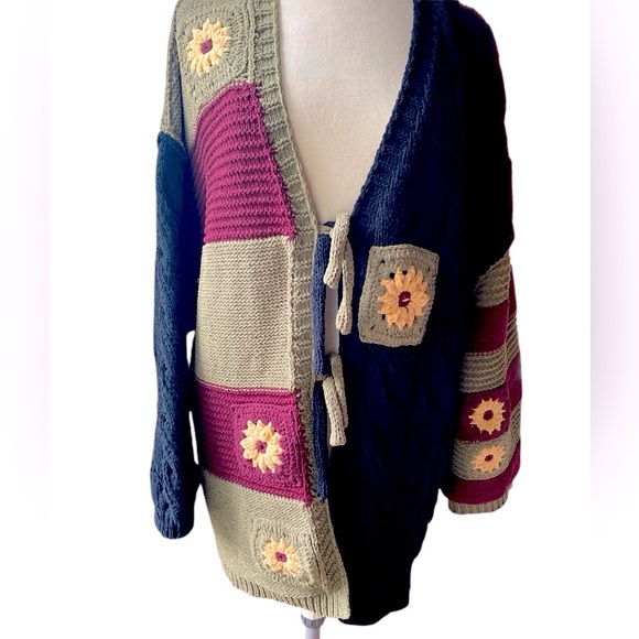 POL Color Block Floral Striped Waist Tie Loop Cardigan, medium oversized - Picture 5 of 12